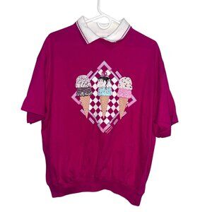 Vintage Morning Sun Ice Cream Graphic Collared Cotton Top Pink Made In Usa
